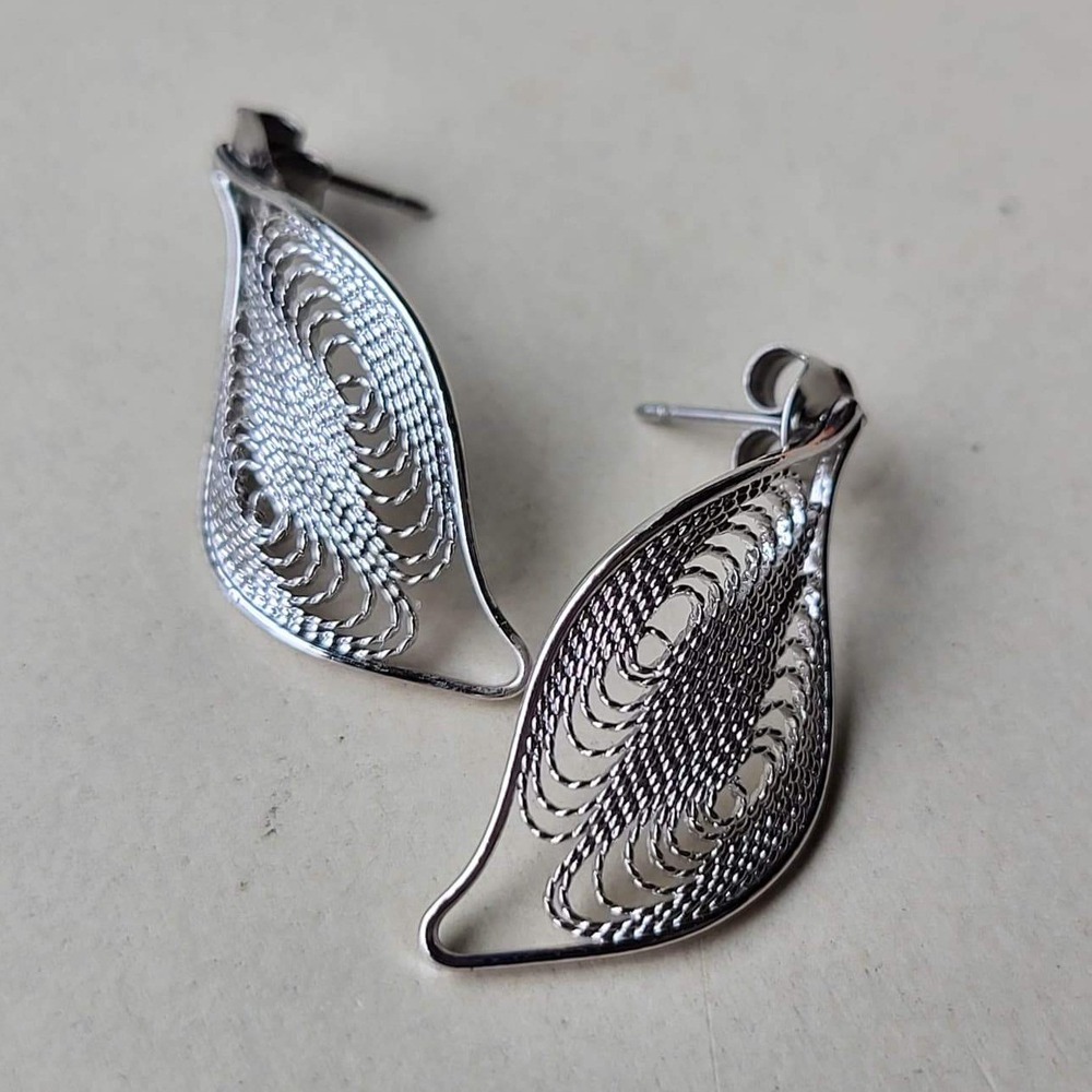 Vintage 925 Sterling Art Deco Leaf Drop Earrings Silver Dangle